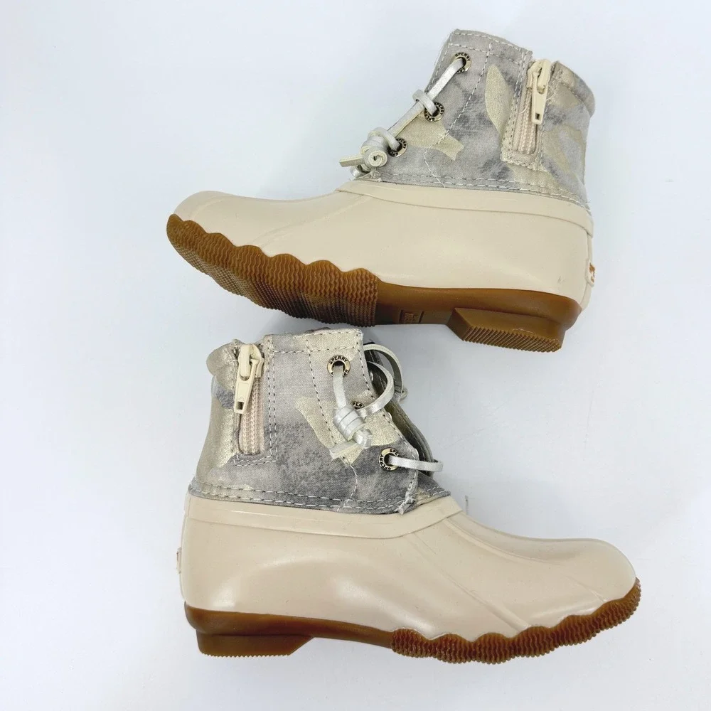 Sperry Girl's Saltwater Duck Cream Camo Boots Shoes Sz 10
